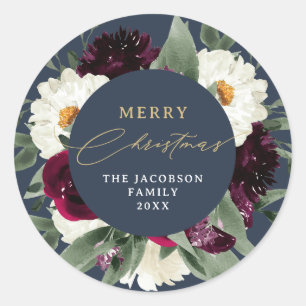 ROSA Boho Burgundy Blommigt Navy God jul Runt Klistermärke