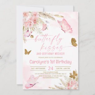 Rosa Boho Butterfly Kisses och Birthday Önskemål Inbjudningar