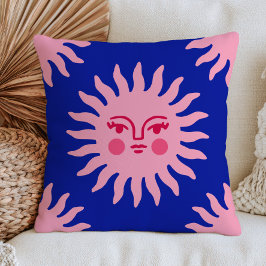 Rosa BOHO Chic Sol Ansikte på Navy Blå Mystisk Kudde