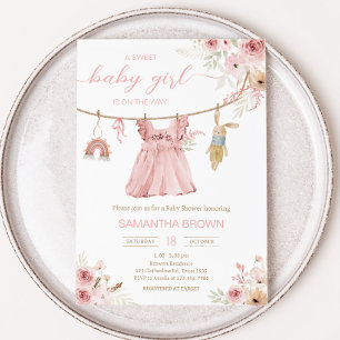 Rosa Boho Clothesline Baby Shower Inbjudningar