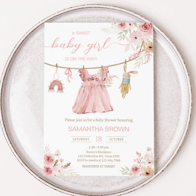 Rosa Boho Clothesline Baby Shower Inbjudningar (Sweet Baby Girl Boho Clothes Baby Shower Invitation)