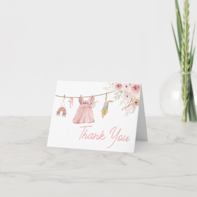 Rosa Boho Clothesline Baby Shower Tack Kort (Framsida)