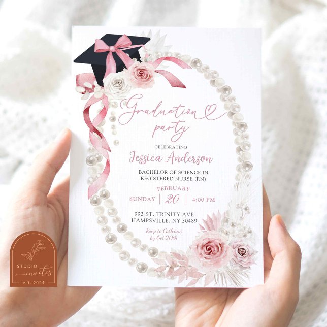 Rosa Boho Coquette Bow Pärlor Examen Festa Inbjudningar (Skapare uppladdad)