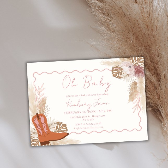 Rosa Boho Cowgirl Boots Pampas Grass Baby Shower Inbjudningar (Pink Boho Cowgirl Boots Pampas Grass Baby Shower Invitation)