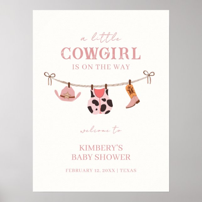 Rosa Boho Cowgirl clothesline Baby Shower Välkomme Poster (Framsidan)