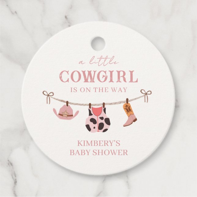 Rosa Boho Cowgirl Clothesline Cowhide Baby Shower Gåvor Etiketter (Framsida)
