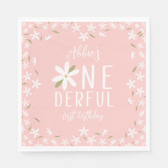 Rosa Boho Daisy Onederful Birthday Napkins Pappersservett (Framsidan)