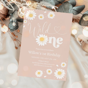  Rosa Boho Daisy Vild 1:a födelsedag Party Inbjudningar
