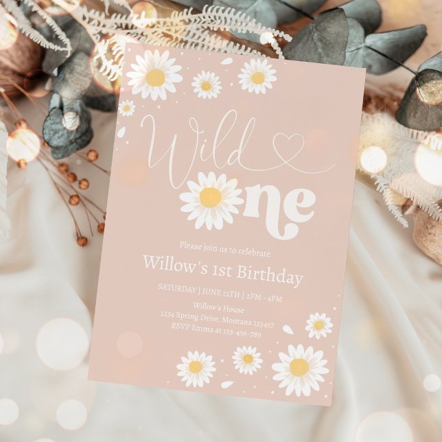  Rosa Boho Daisy Vild 1:a födelsedag Party Inbjudningar (Skapare uppladdad)