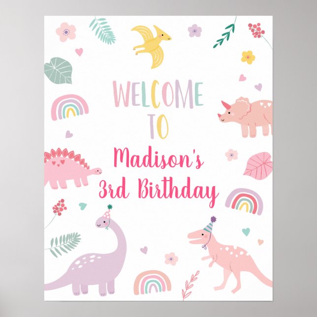 Rosa Boho Dinosaur Birthday Välkommen Poster (Framsidan)