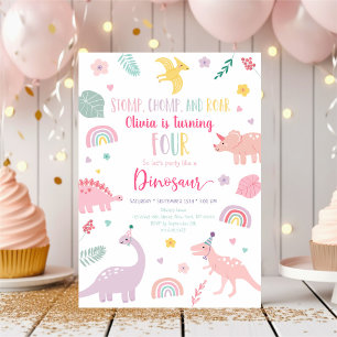 Rosa Boho Dinosaur Fjärde födelsedagen Inbjudningar