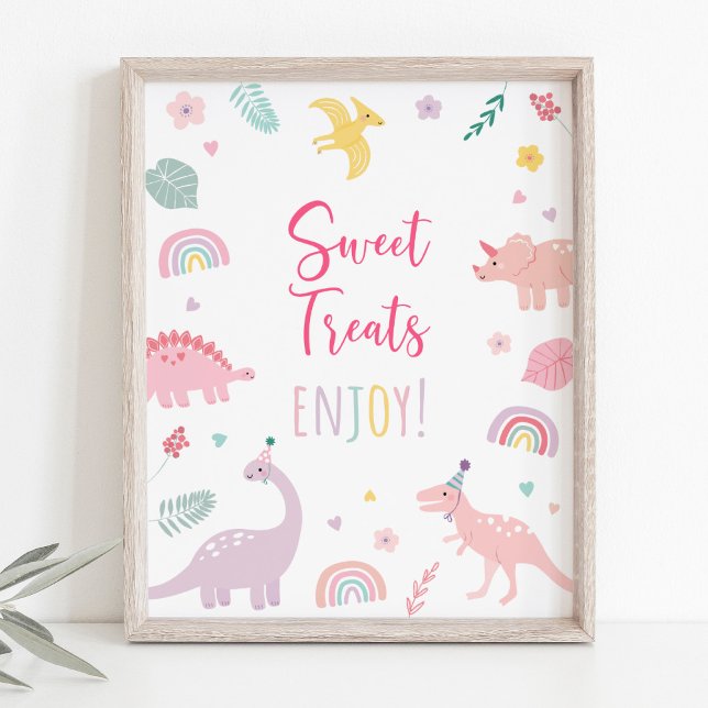 Rosa Boho Dinosaur Sweet Treats Birthday Sign Poster (Skapare uppladdad)