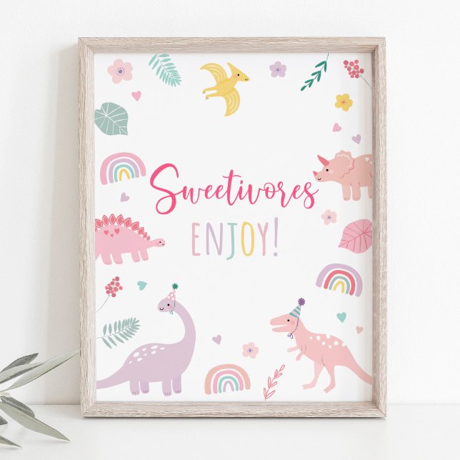 Rosa Boho Dinosaur Sweetivores Birthday Sign Poster (Skapare uppladdad)