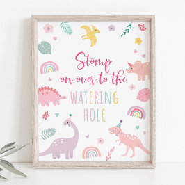 Rosa Boho Dinosaur Watering Hål Birthday Sign Poster