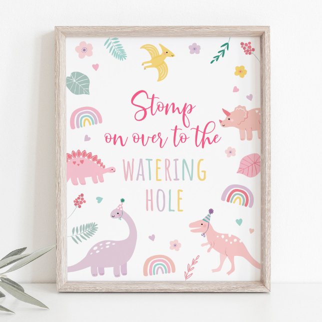 Rosa Boho Dinosaur Watering Hål Birthday Sign Poster (Skapare uppladdad)