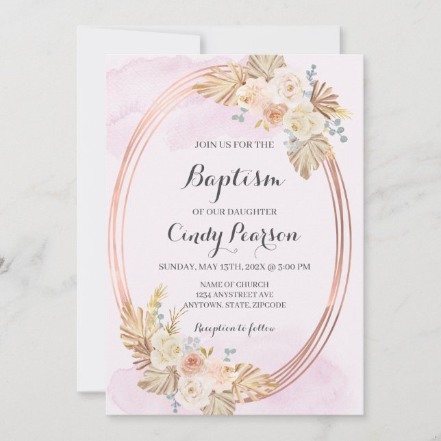 Rosa boho dopinvitation för flicka inbjudningar (Framsida)