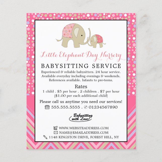 Rosa Boho Elephant, Babyvvakt, Daycare, Nursery Flygblad (Framsidan)