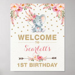 Rosa Boho Elephant First Birthday Välkomstskylt Poster