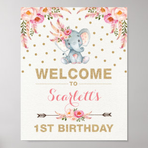 Rosa Boho Elephant First Birthday Välkomstskylt Poster