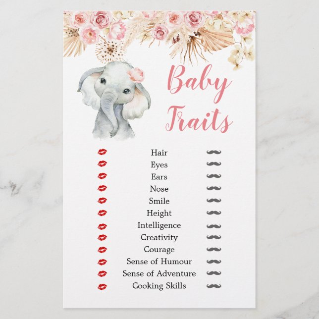 Rosa Boho Elephant Girl Baby Shower Baby Traits (Framsida)