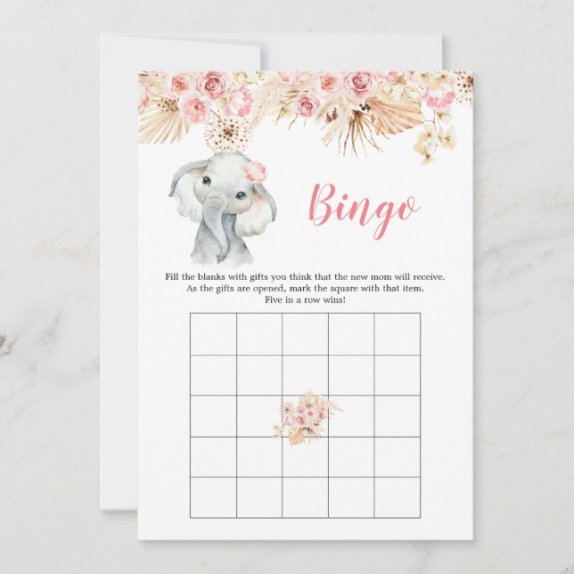 Rosa Boho Elephant Girl Baby Shower Bingo Game Inbjudningar (Framsida)
