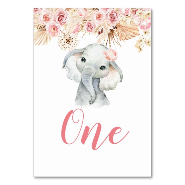 Rosa Boho Elephant Girl Baby Shower Bordsnummer (Framsidan)