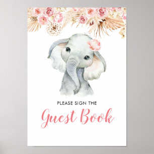 Rosa Boho Elephant Girl Baby Shower Guest Bok Poster