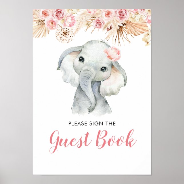 Rosa Boho Elephant Girl Baby Shower Guest Bok Poster (Framsidan)