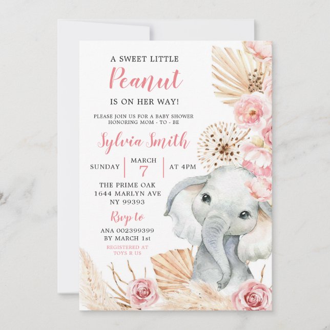 Rosa Boho Elephant Girl Baby Shower-inbjudan Inbjudningar (Framsida)