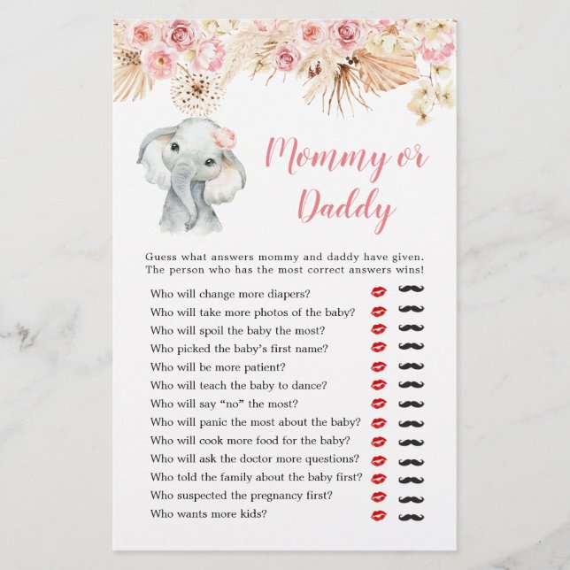 Rosa Boho Elephant Girl Baby Shower Mamma eller pa (Framsida)