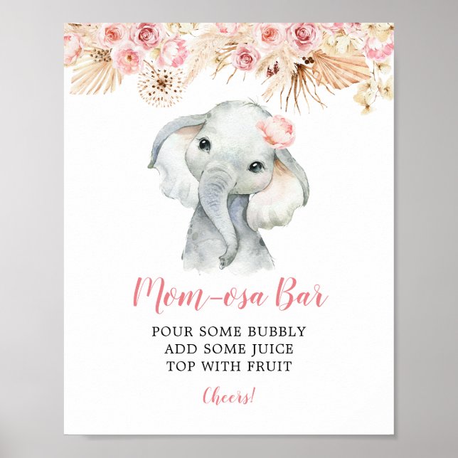Rosa Boho Elephant Girl Baby Shower Mamma-osa Pub Poster (Framsidan)