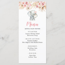Rosa Boho Elephant Girl Baby Shower Menu Meny