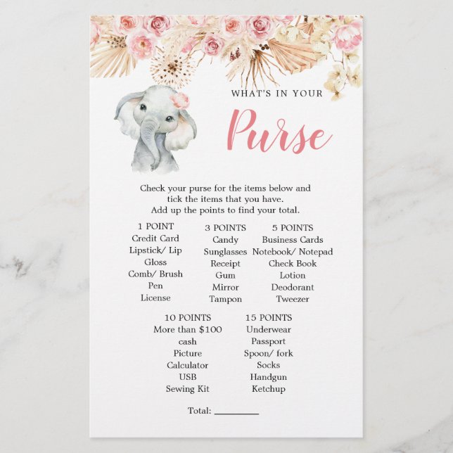 Rosa Boho Elephant Girl Baby Shower Purwer Game (Framsida)