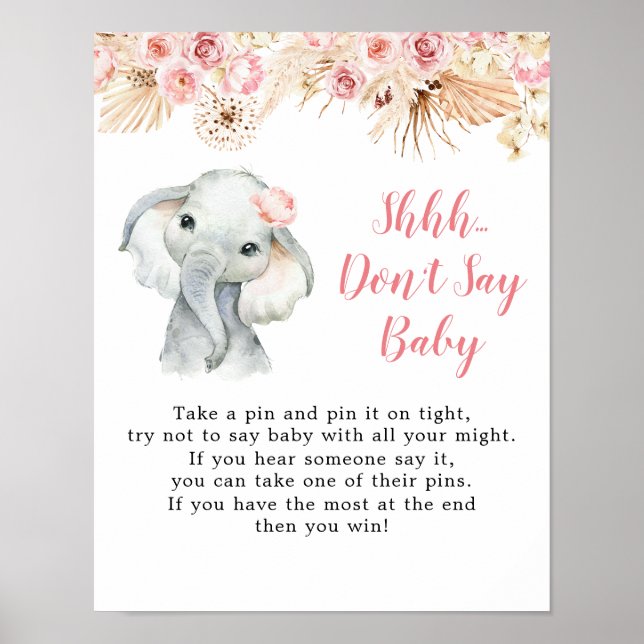 Rosa Boho Elephant Girl Baby Shower Säg inte Baby Poster (Framsidan)