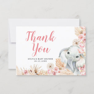 Rosa Boho Elephant Girl Baby Shower Tack för ditt Kort