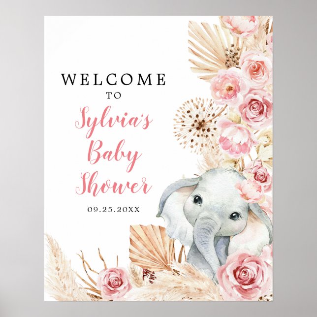 Rosa Boho Elephant Girl Baby Shower Välkomstskylt Poster (Framsidan)