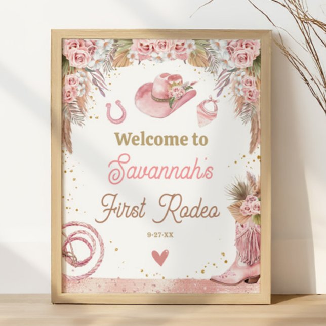Rosa Boho First Rodeo 1:a födelsedag 16 x 20 Välko Poster (Pink Boho First Rodeo 1st Birthday 16x20 Welcome Poster)