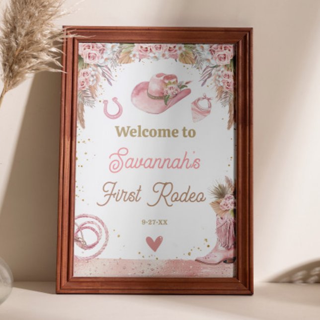 Rosa Boho First Rodeo 1:a födelsedagen 20 x 30 Väl Poster (Pink Boho First Rodeo 1st Birthday 20x30 Welcome Poster)