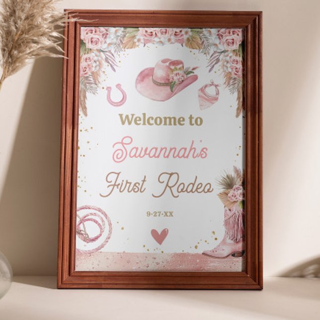 Rosa Boho First Rodeo 1:a födelsedagen 24x36 Välko Poster (Pink Boho First Rodeo 1st Birthday 24x36 Welcome Poster)