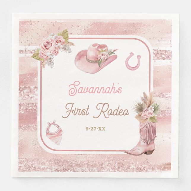 Rosa Boho First Rodeo 1:a födelsedagen Pappersservett (Framsida)