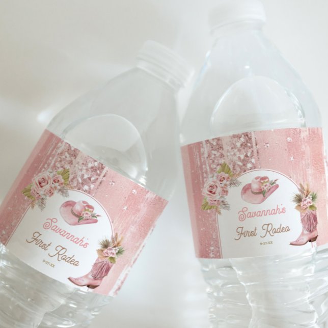 Rosa Boho First Rodeo 1:a födelsedagen Vattenflaskor Etikett (Pink Boho First Rodeo 1st Birthday Water Bottle Label)
