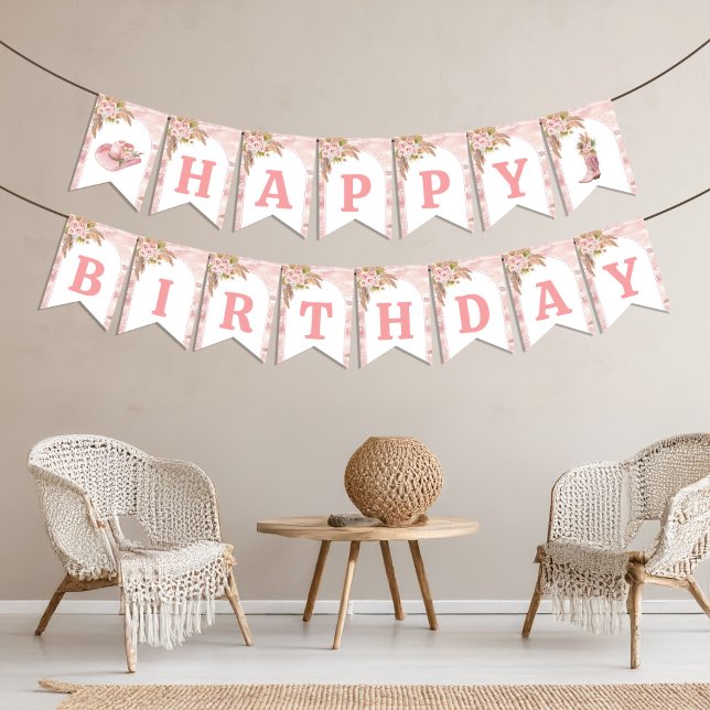 Rosa Boho First Rodeo 1:a födelsedagen Vimplar (Pink Boho First Rodeo 1st Birthday Bunting Flags)