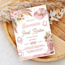 Rosa Boho First Rodeo 1:a födelsedagsinbjudan