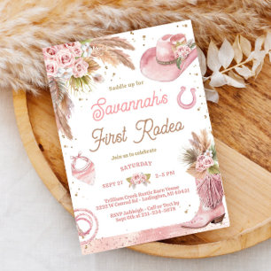 Rosa Boho First Rodeo 1:a födelsedagsinbjudan Inbjudningar