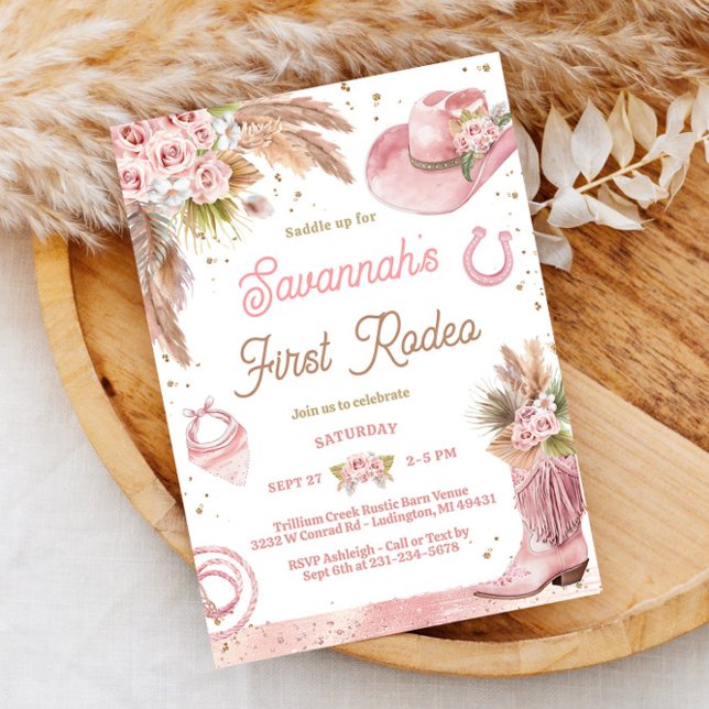 Rosa Boho First Rodeo 1:a födelsedagsinbjudan Inbjudningar (Pink Boho First Rodeo 1st Birthday Invitation)