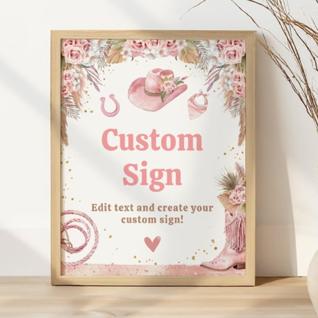 Rosa Boho First Rodeo 1:a födelsedagsskylten Anpas Poster (Pink Boho First Rodeo 1st Birthday Custom Sign
)