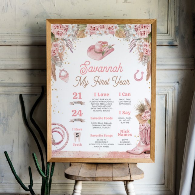 Rosa Boho First Rodeo 1-årsjubileum 18x24 Poster (Pink Boho First Rodeo 1st Birthday Milestone 18x24 Poster)