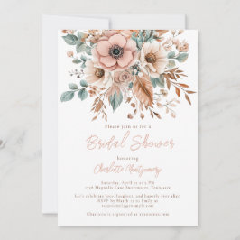 Rosa Boho Flower & Feathers Elegant Möhippa Inbjudningar