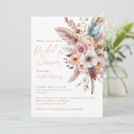 Rosa Boho Flower & Feathers Elegant Möhippa Inbjudningar