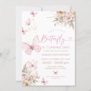 Rosa Boho Flowers and Butterflies Birthday Inbjudningar